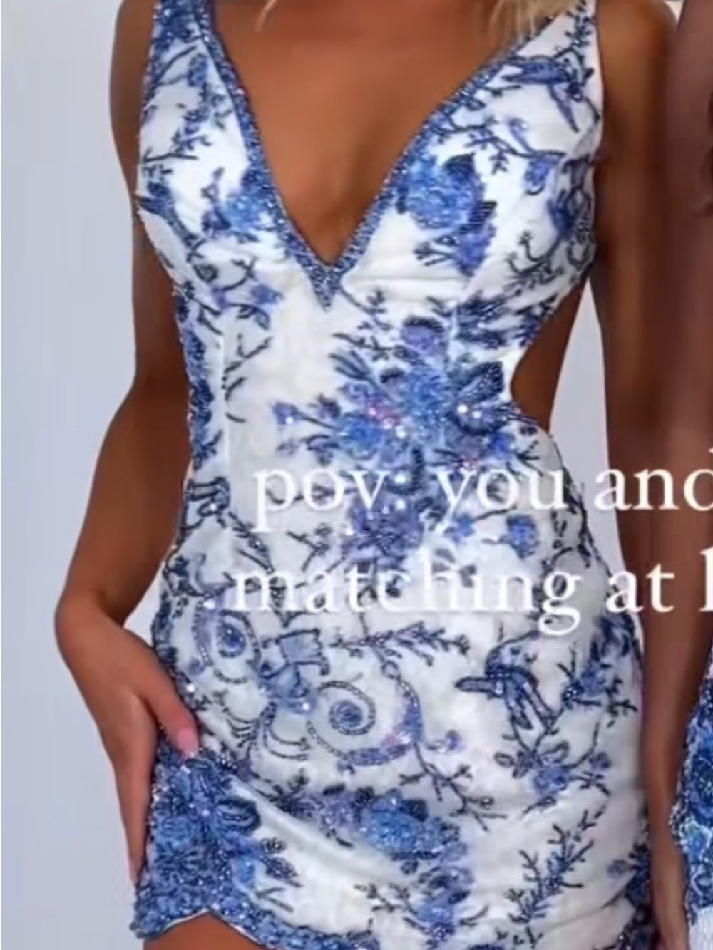Sherri Hill Blue & White Embroidered V-Neck Mini Dress